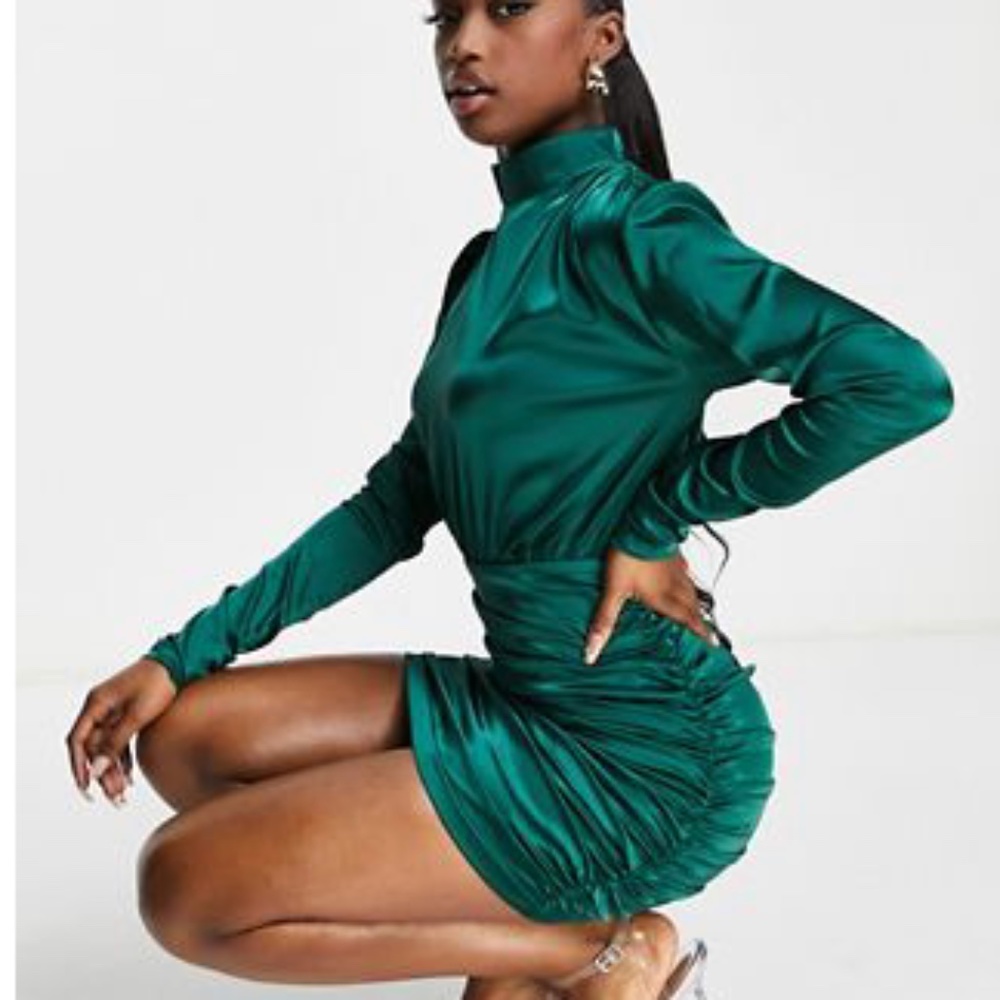 Rare London ruched sayin mini dress with high neck in emerald green